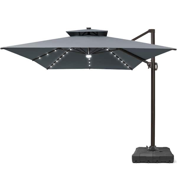 Pellebant 2-Tier 13 ft. x 10 ft. Rectangular Aluminum 360°Rotation Solar LED Cantilever Patio Umbrella in Gray with 260 lbs.Base