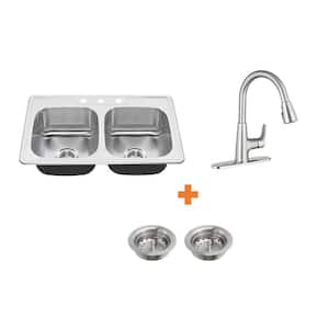 Colony All-in-One Drop-In Stainless Steel 33 in. 3-Hole 50/50 Double Bowl Kitchen Sink with Faucet (4-piece)