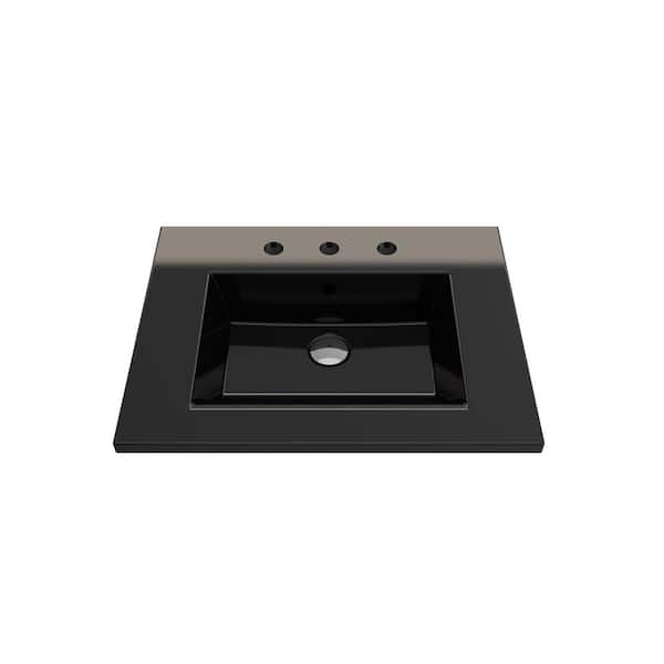 BOCCHI Ravenna 24.5 in. 3-Hole Black Fireclay Rectangular Wall-Mounted Bathroom Sink with Overflow