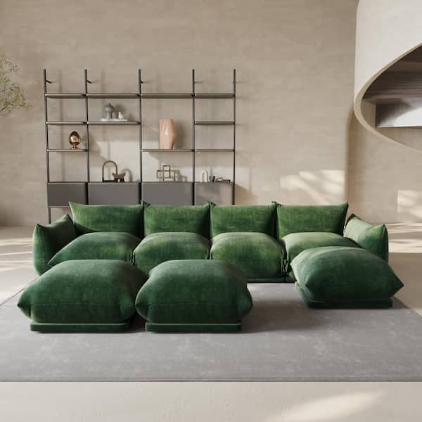 Magic Home Modern 131 in. Flared Arm 7-Piece Chenille 4 Seater Modular Convertible Couch Sectional Sofa with 3 Ottomans in. Green