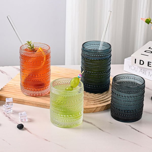 Wudkey 12-Piece Blue 12 oz. & 15 oz. Hobnail Glass Cups with 1 Cleaning Brush Embossed Water Tumbler for Beer Cocktail Whiskey