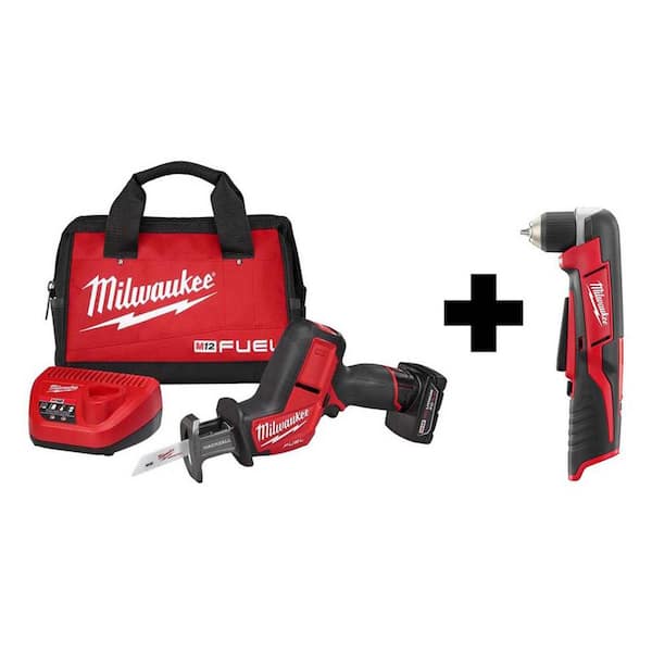 Milwaukee M12 FUEL 12V Lithium-Ion Brushless Cordless HACKZALL Reciprocating Saw Kit with M12 3/8 in. Right Angle Drill