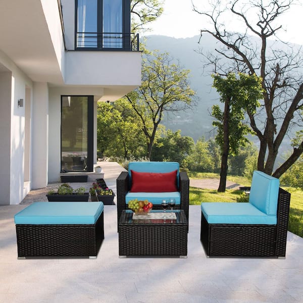 Tunearary Garden Patio 4-Piece Brown PE Rattan Wicker Sectional Sofa Sets Table with Blue Cushioned