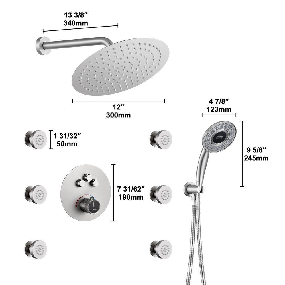 Brushed Nickel Thermostatic Rain Shower System with Digital Display