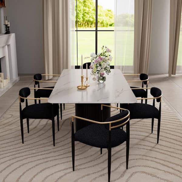 Morden Fort Modern 7-Piece Faux Marble Dining Table Top with Boucle Chair in Black Dining Room Set for Kitchen Restaurant Seats 6