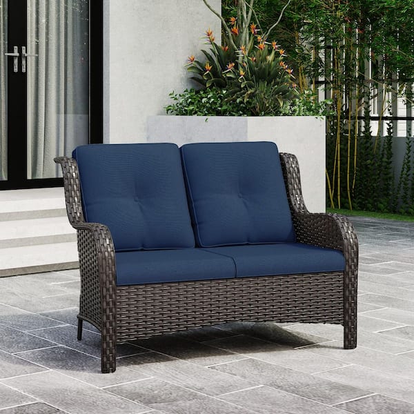 2-Seat Wicker Outdoor Patio Loveseat Sofa Couch with Soft Blue Cushions