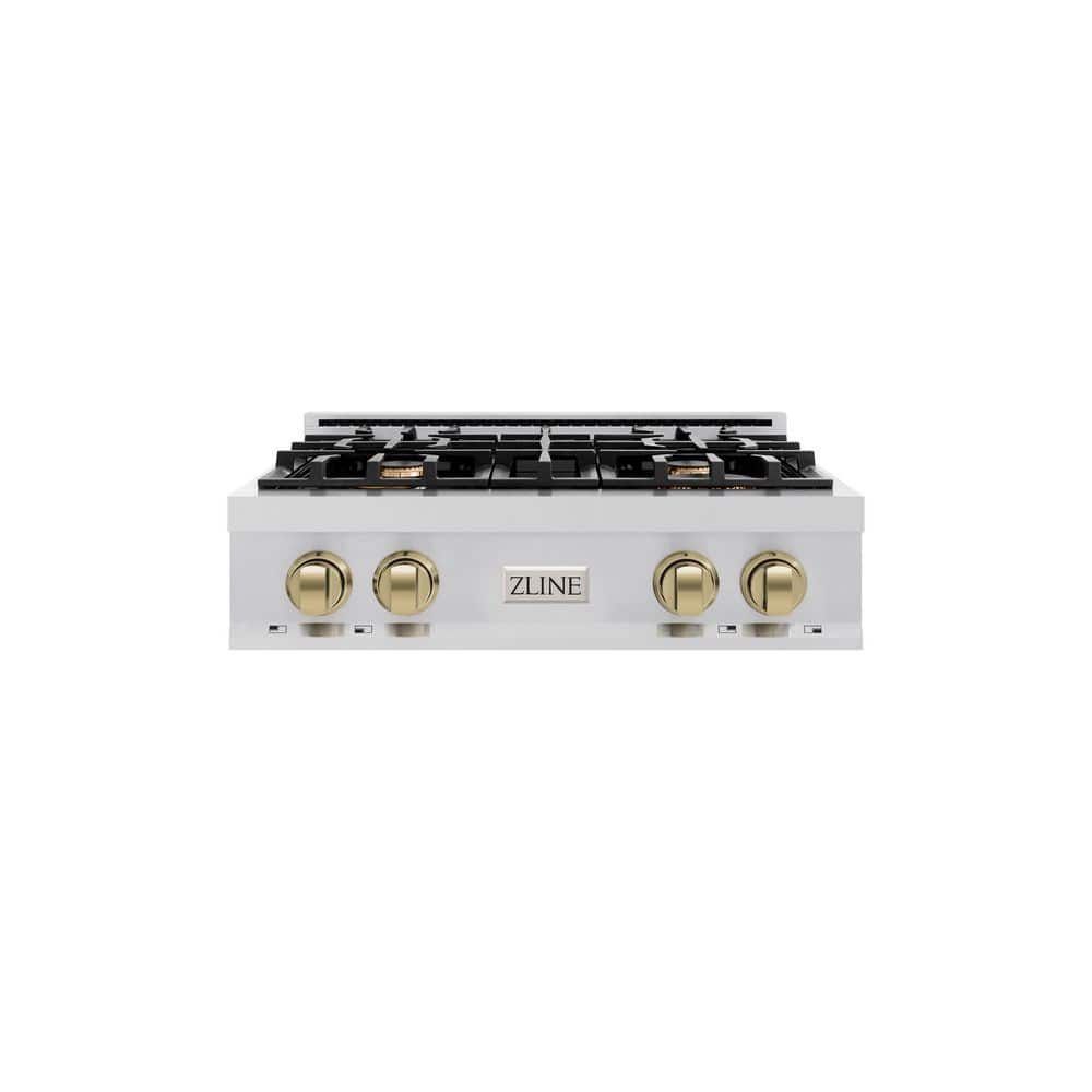 Autograph Edition 30 in. 4 Burner Front Control Gas Cooktop with Champagne Bronze Knobs in Stainless Steel