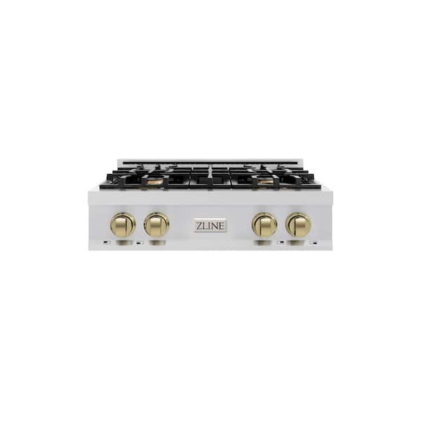 Autograph Edition 30 in. 4 Burner Front Control Gas Cooktop with Champagne Bronze Knobs in Stainless Steel