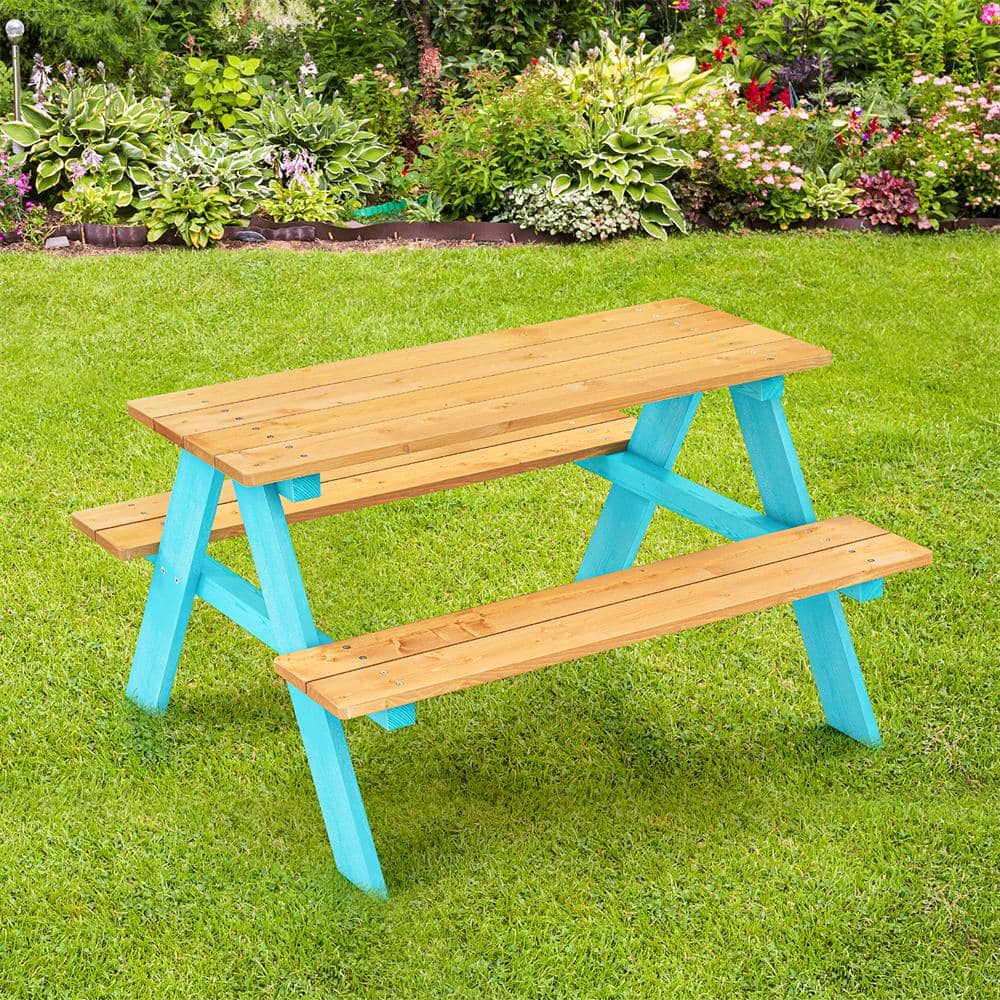 HONEY JOY 2-Piece Wood Top Blue Kids Picnic Table Set with Bench for Max 4 Kids Toddler Activity ...