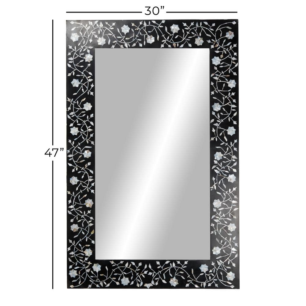 Rectangular Black Wood Wall Mirror with Floral Inlay