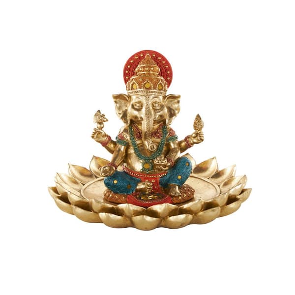 Gold Resin Ganesh Sculpture with Lotus Plate and Colorful Dresswear