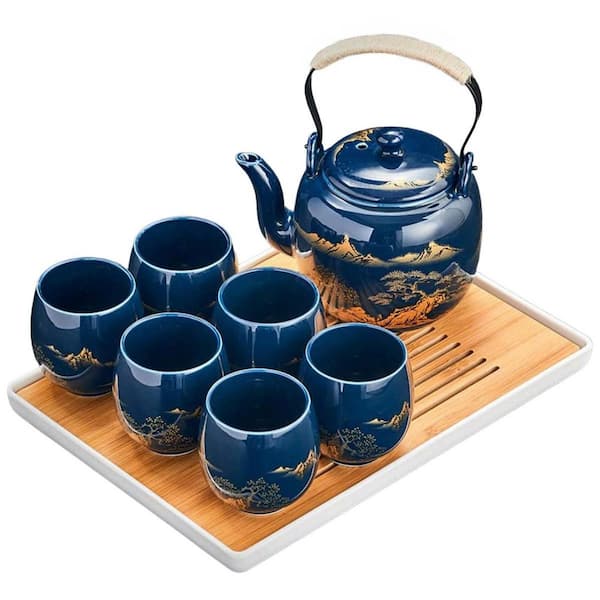 Ceramic Japanese Tea Set Black Glazed With 1 Teapot 1 Strainer 1 Tray 6 Cups Gift Box For Office Home Set