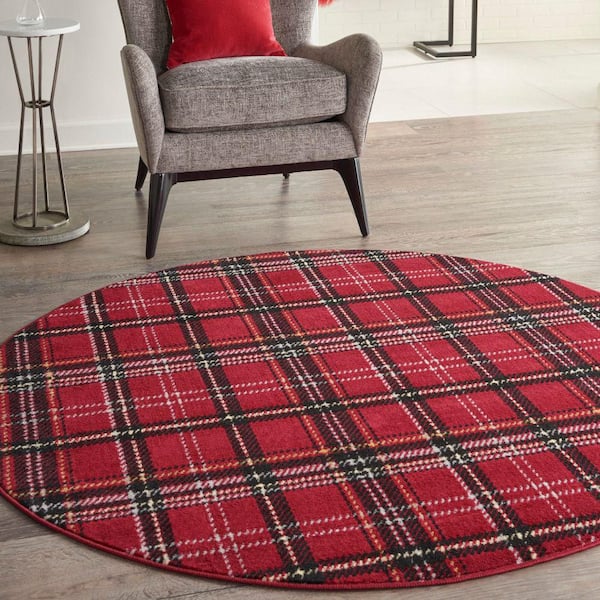 Grafix Red 5 ft. x 5 ft. Geometric Plaid Contemporary Round Rug
