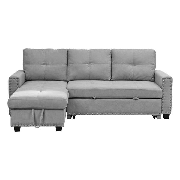 Zjoyee 82 in. Gray Fabric Twin Size Sleeper Sofa Bed Reversible Sectional Couch With Storage
