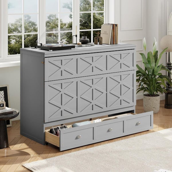 Qualler Brushed Gray Wood Frame Queen Size Murphy Bed with Large ...