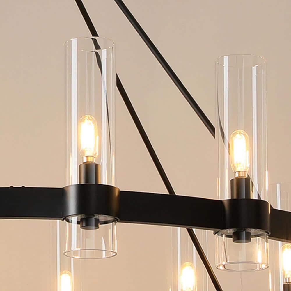 60-Inch Black Metal Wagon Wheel Chandelier with Clear Glass Shades