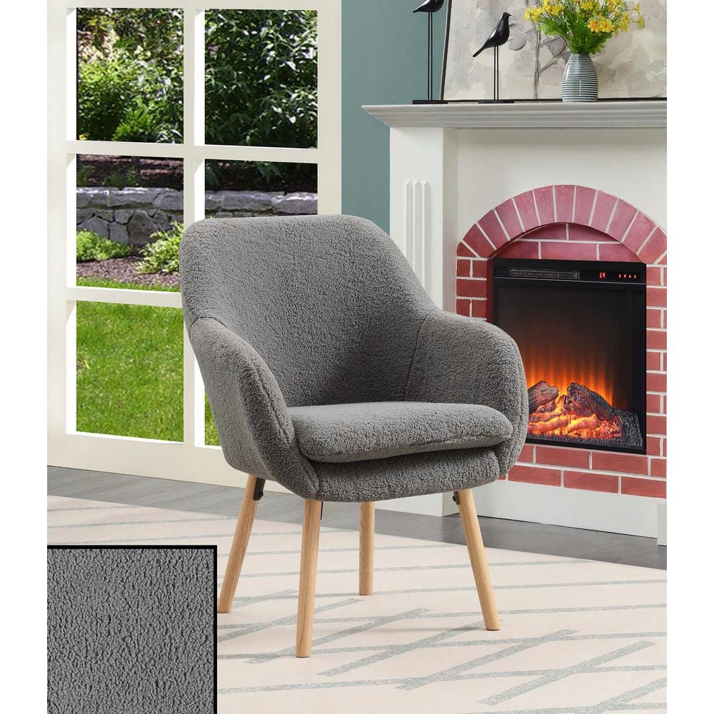 Gray Sherpa Wood Accent Chair with Detachable Cushion