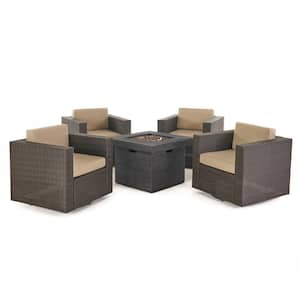 Puerta Dark Brown 5-Piece Metal Patio Fire Pit Seating Set with Beige Cushions