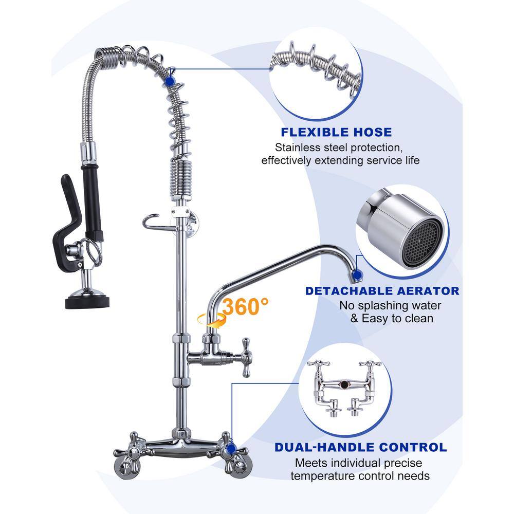 26-Inch Chrome Wall Mount Commercial Kitchen Faucet with Pull-Down Spray