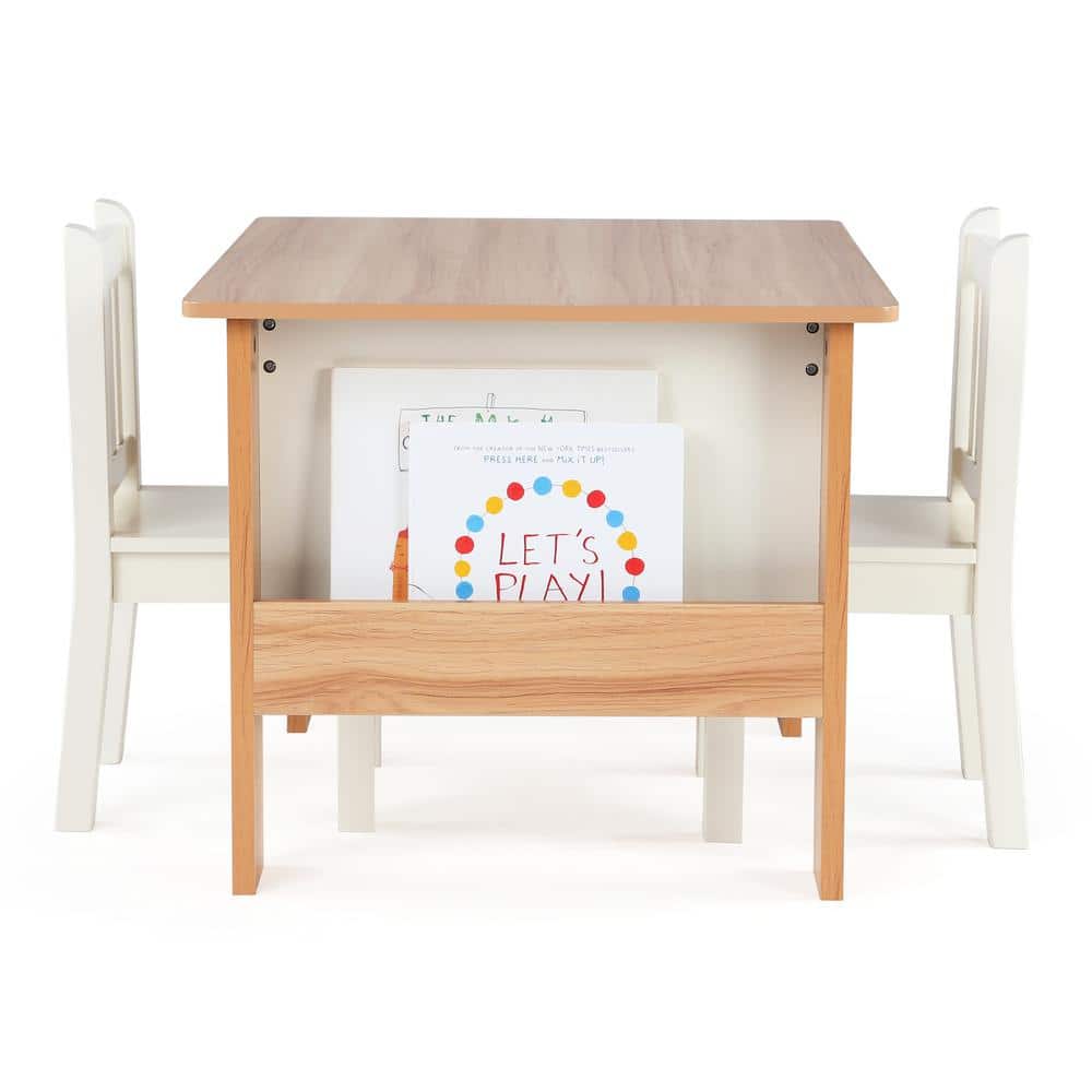 Natural and White Kids' 3-Piece Table and Book Rack Set