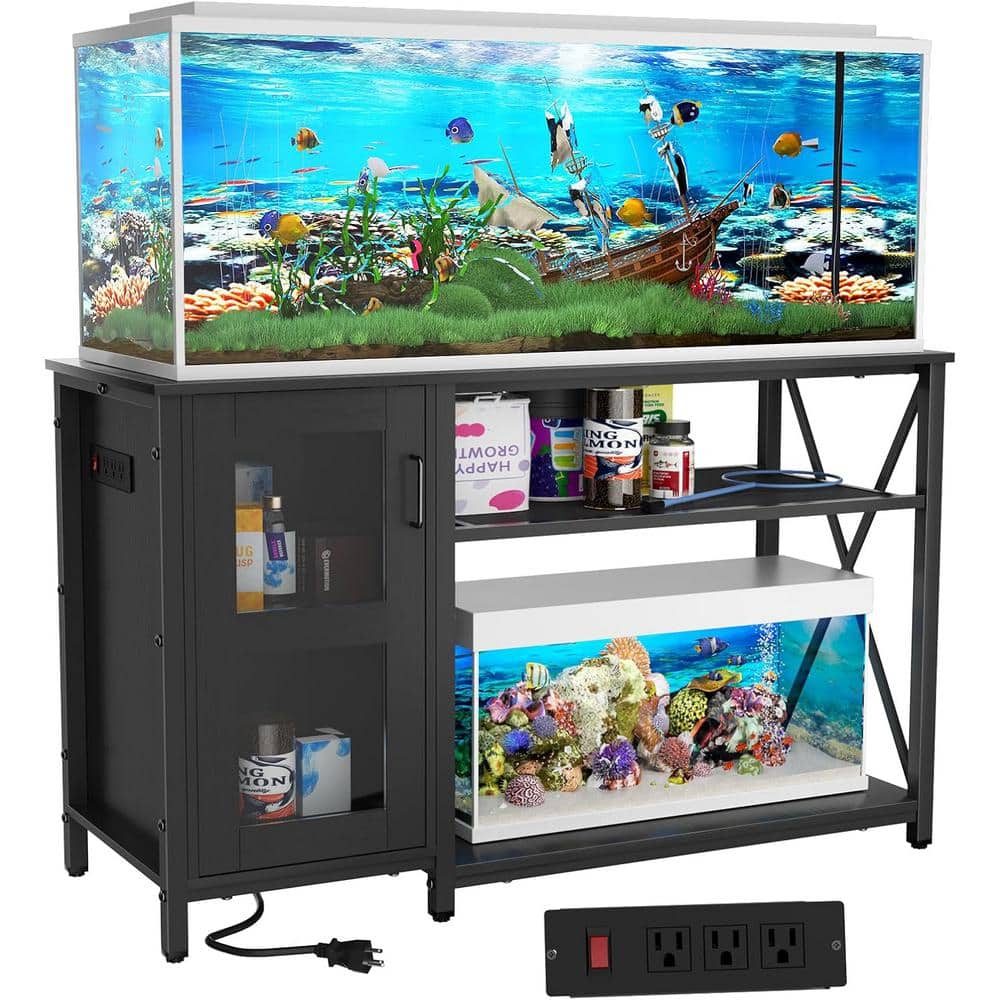 Black 55-75 Gallon Fish Tank Stand with Cabinet, Aquarium Stand Metal Terra