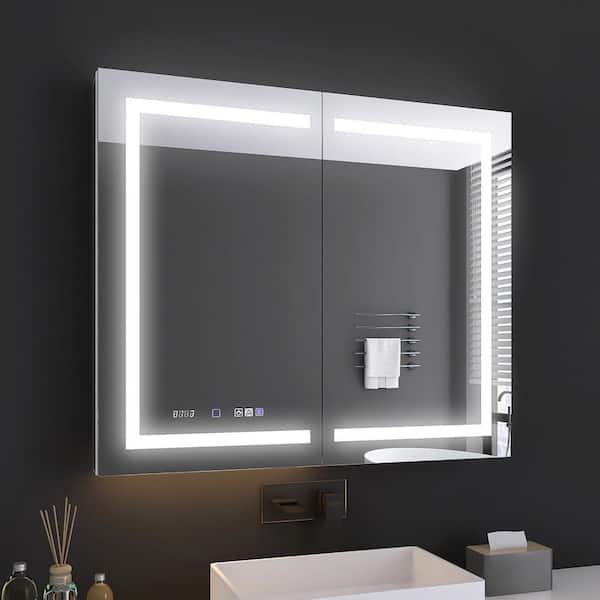 MEDUNJESS 42 in. W x 36 in. H Rectangular Silver Aluminum Recessed/Surface Mount Medicine Cabinet with Mirror and LED