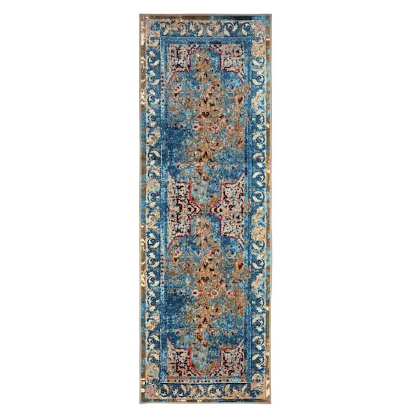 Angeles Green-Beige 2 ft. 7 in. x 8 ft. Non-Slip Floral Mediterranean Nylon Area Rug