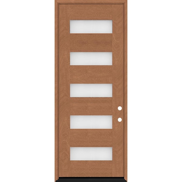 Steves & Sons Regency 36 in. x 96 in. 5L Modern Frosted Glass LHIS Autumn Wheat-Stained Fiberglass Prehung Front Door