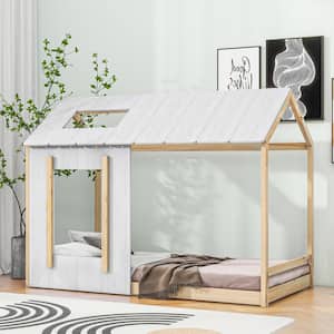 Wood Frame Twin Size House Platform Bed ,White+Natural