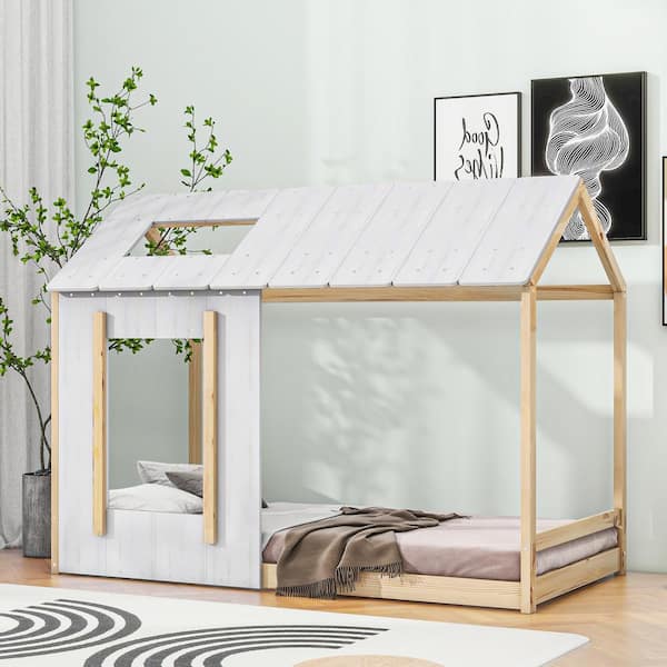 Polibi Wood Frame Twin Size House Platform Bed ,White+Natural