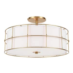 Alcala 16 in. 3-Light Aged Brass Semi-Flush Mount with White Fabric Shade