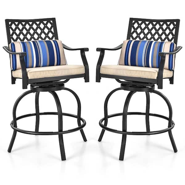 ANGELES HOME 360° Swivel Metal Outdoor Bar Stool Bar Height with Beige Soft Cushions 15° Rocking
