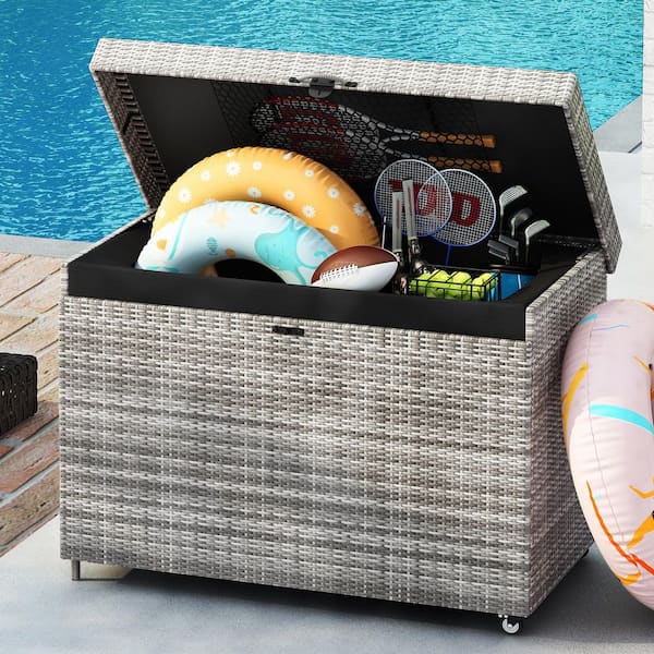 Daheat 230 Gal. Rattan Wicker Deck Box with Wheels and Steel Frame-Gray Outdoor Storage Deck Box