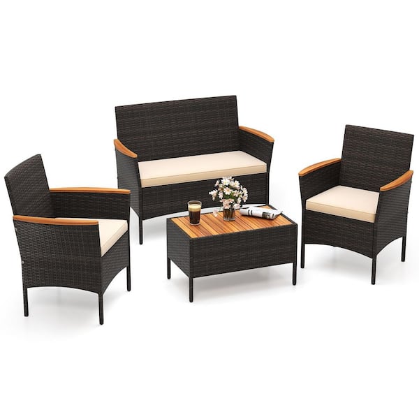 4-Piece Wicker Conversation Set with 2 Rattan Chairs and Loveseat, Table