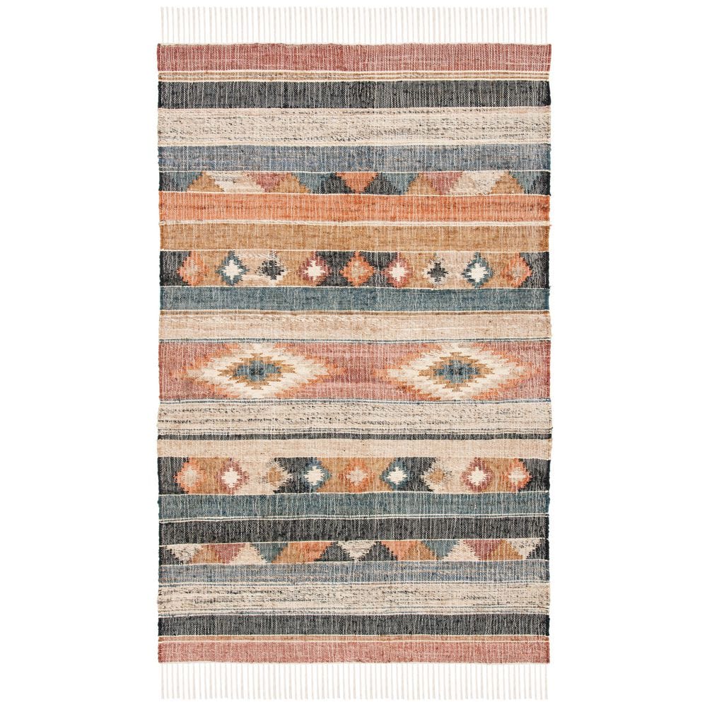Blue and Rust Handmade Wool Cotton Kilim Rug, 5' x 8'