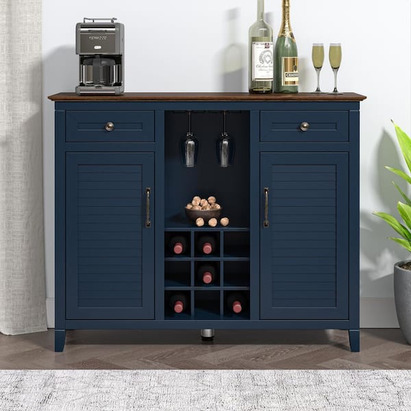 Scandinavian 47 in. Navy Wine Cabinet with Textured Patterns Door and Wooden Pattern Countertop