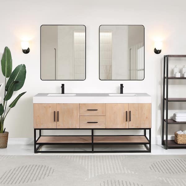 Altair Bianco 72 in. W x 22 in. D x 34 in. H Double Sink Bath Vanity in Light Brown with White Composite Stone Top and Mirror
