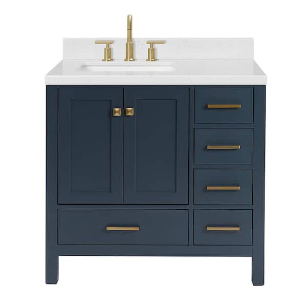Cambridge 36 in. Single Sink Freestanding Bathroom Vanity in Midnight Blue with Carrara White Quartz Top