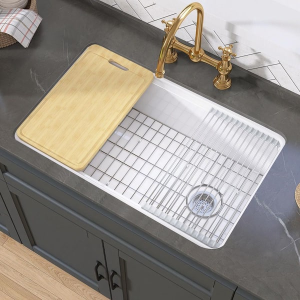 Sex 33 in. L x 19 in. W White Drop-In/Undermount Kitchen Sink Single Bowl Fireclay Workstation Sink with Accessories