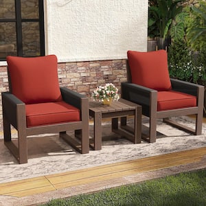 3-Piece Light Walnut Wood Wicker Patio Conversation Set with Lounge Chair, Side Table and Red Cushions