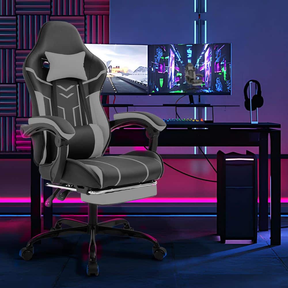 Caitlyn Faux Leather High Back Ergonomic Gaming Chair in Black with Massage Lumbar Support, Reclining Computer Chair