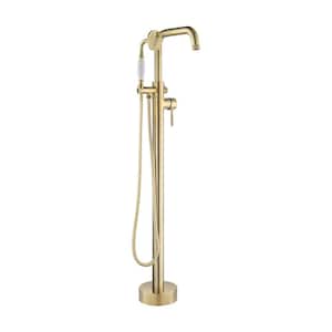 Single-Handle Freestanding Floor Mount Tub Faucet Bathtub Filler with Hand Shower in Brushed Gold