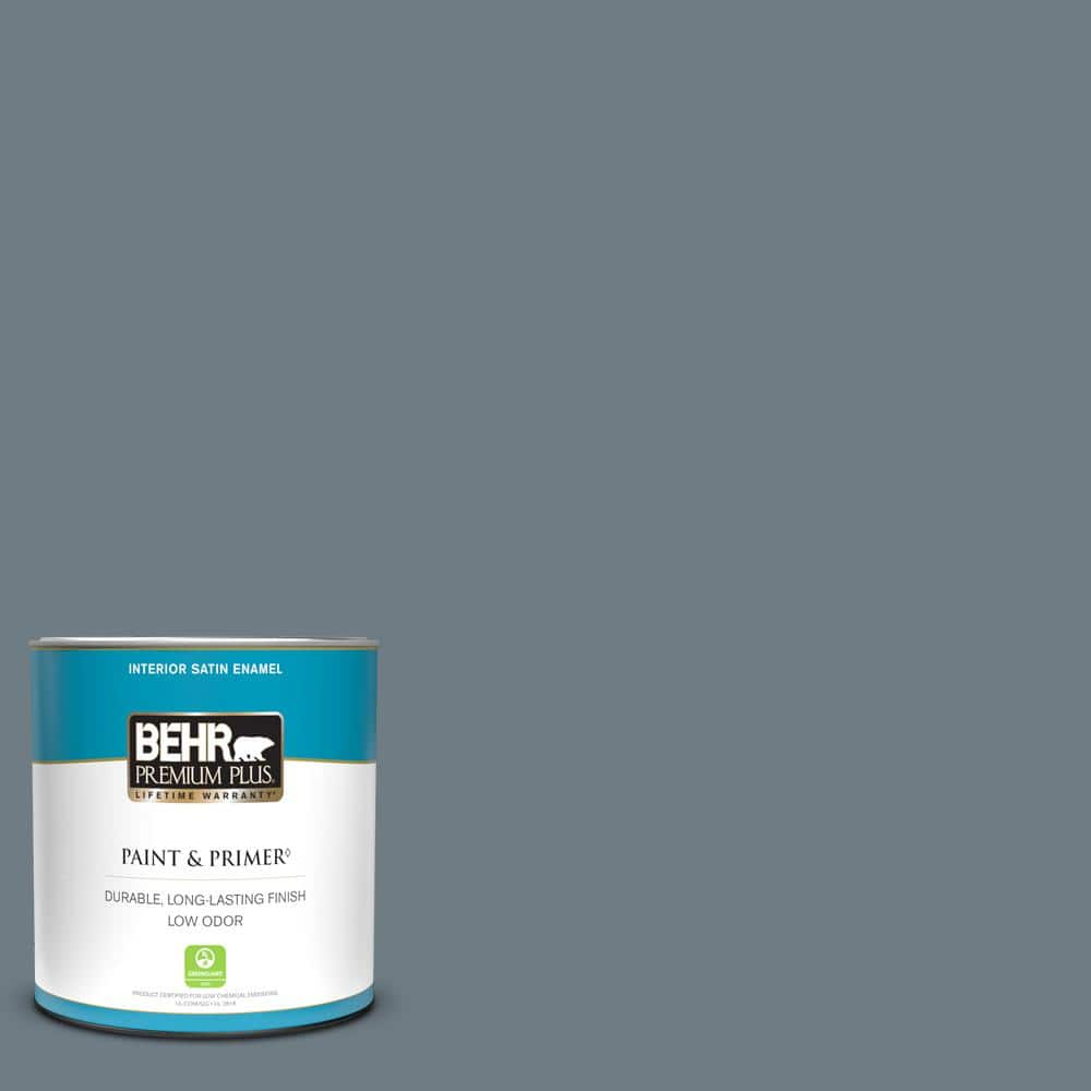 BEHR PREMIUM PLUS 1 qt. #N490-5 Charcoal Blue Satin Enamel Low Odor Interior  Paint & Primer 740004 - The Home Depot