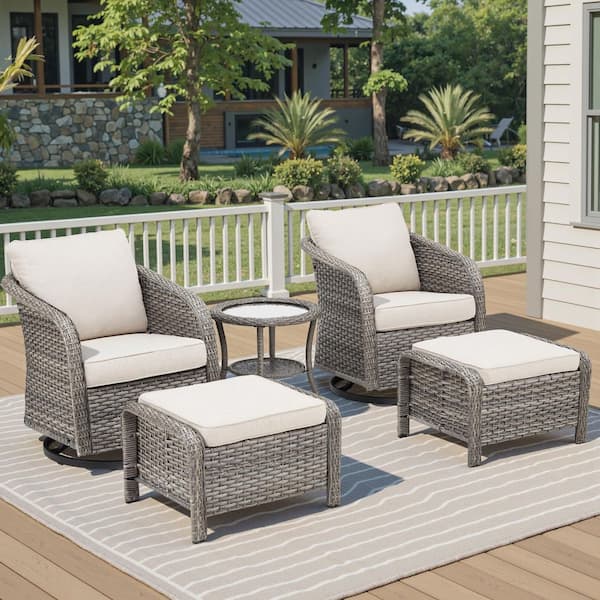 NestBarrel Light Gray Wicker Swivel Chair Patio Conversation Set with Olefin Beige 4 in. Thick Cushions (5-Piece)