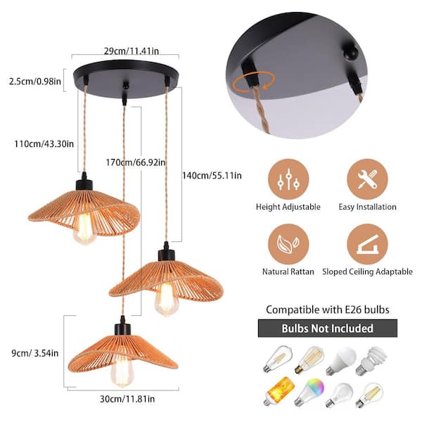 Genoci 3-Light Rattan Farmhouse Black Cluster Chandelier for Kitchen Island Living Room Bedroom with No Bulbs Included OY8017-3Br