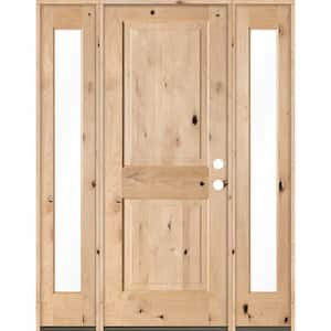 58 in. x 80 in. Rustic Unfinished Knotty Alder Square-Top Wood Left-Hand Full Sidelites Clear Glass Prehung Front Door