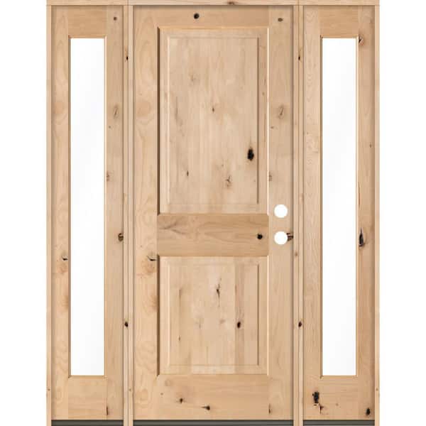 58 in. x 80 in. Rustic Unfinished Knotty Alder Square-Top Wood Left-Hand Full Sidelites Clear Glass Prehung Front Door