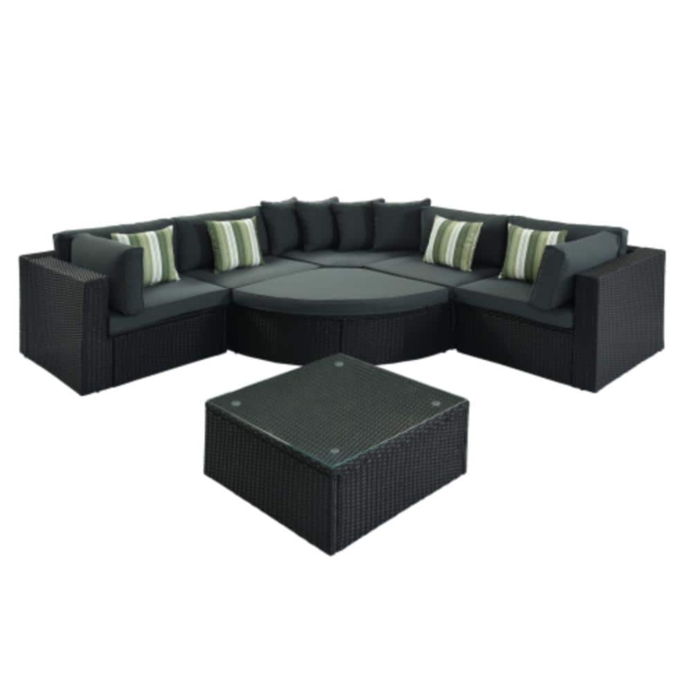 7-Piece Black Wicker Outdoor Patio Sectional Sofa Set with Coffee Table, Green Striped Pillows & Dark Gray Cushion price history on PriceWatchPro