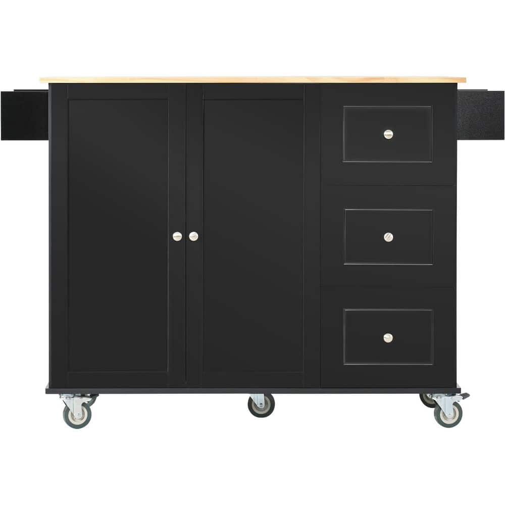 Black Wood 53 in. Kitchen Island with Solid Wood Top, Drop Leaf, Spice Rack