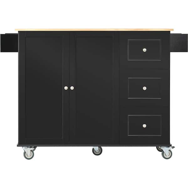 Unbranded Black Wood 53 in. Kitchen Island with Solid Wood Top, Drop Leaf, Spice Rack, Towel Rack and 3 Drawer for Kitchen Room